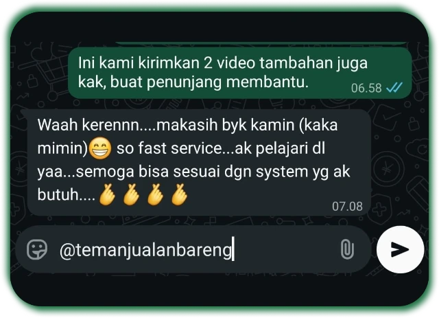 Testimoni WhatsApp: service cepat dan video tambahan